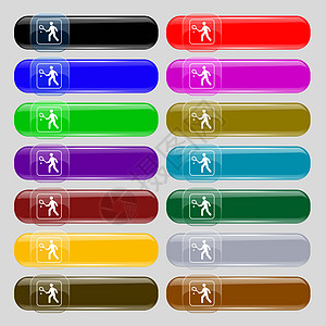 网球运动员图标标志 设置从十四个多彩多姿的玻璃按钮与文本的地方 韦克托图片