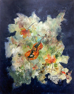 手绘小提琴秋天的小提琴奏鸣曲 秋天的落叶 主要是绿色和铁锈红的颜色 包括邮票 浅绿色 中绿色和深绿色 会飞的小提琴背景