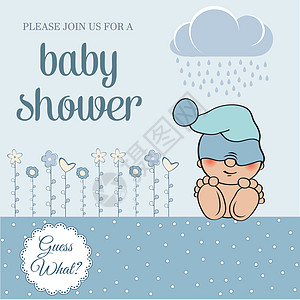 男婴淋浴卡与有趣的小宝宝帽子公告童年邀请函微笑淋浴生日乐趣婴儿喜悦图片