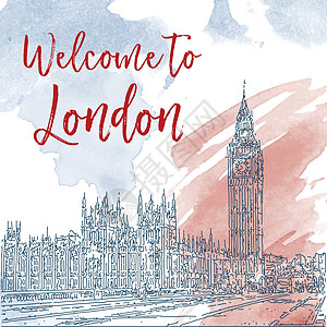 伦敦手绘墨水线素描 水彩背景图片