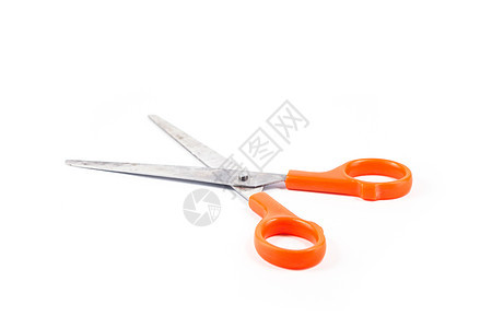 白色背景上孤立的橙色剪刀金属厨房塑料工人玩具水平办公室用具工具产品图片