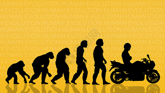 驾驶摩托车的人类进化历史自行车勘探科学起源男人插图生活摩托车手古生物学图片