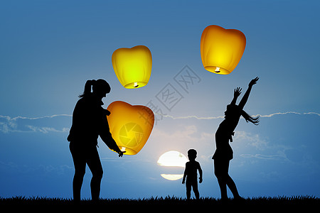 带飞灯儿童的儿童天灯文化庆典插图飞行孩子们蜡烛火焰女孩新年图片