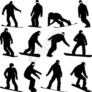 冬天在白色背景上设置黑色剪影滑雪板 韦克托男性乐趣男生下坡单板打印男人滑雪者飞行运动插画