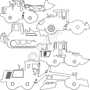 设置剪影道路施工设备 矢量图车轮装载机建筑刮刀车皮运输平台机械工程挖掘机图片