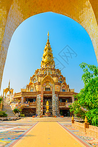 位于泰国法查本的寺建筑学旅行宗教地标差汶蓝色陶瓷建筑雕像制品图片