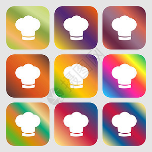 厨师帽符号图标 烹饪符号 炊具帽 9个带有明度梯度的按钮 用于美丽的设计 矢量背景图片