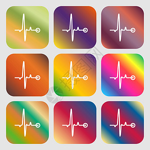 心跳标志图标 九个带有明亮渐变的按钮 设计精美 韦克托图片