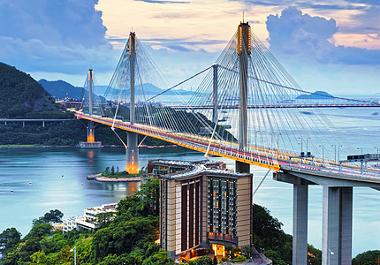 香港通交通高速公路反射天空建筑游客天际旅行日落海岸电缆连接器图片