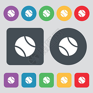 网球球图标标志 一组 12 个彩色按钮 平面设计 韦克托圆圈卡通片球拍游戏娱乐字符串反手插图服务健康图片