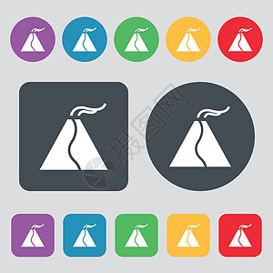 活性喷发火山图标符号 一组有12色按钮 平面设计 矢量图片