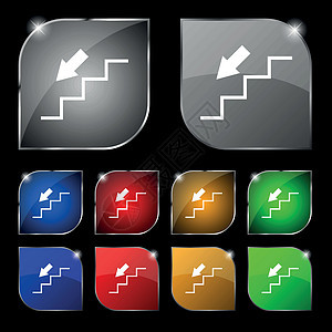 下降图标标志 套与强光的十个五颜六色的按钮 矢量符号 套与强光的十个五颜六色的按钮 韦克托图片
