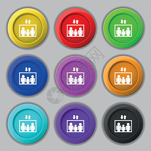 电梯符号标志 九个圆形彩色按钮上的符号 韦克托办公室入口路线网站乘客建筑互联网注意力象形运输图片