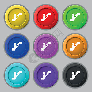 9圆色按钮上的自动升降器图标符号 矢量通道运输插图标识移动民众购物中心网站网络交通图片