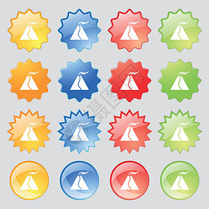 活性喷发火山图标符号 大套16个色彩多彩的现代按钮用于设计 矢量图片
