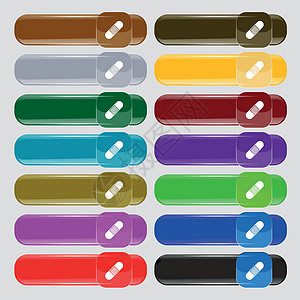Band Aid 图标符号 从14个多色的玻璃按钮中设置 为文本设置位置 矢量图片