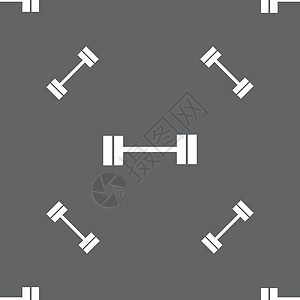 哑铃图标标志 灰色背景上的无缝模式 韦克托训练卷发健身杠铃建筑肌肉食物抽水运动权重图片