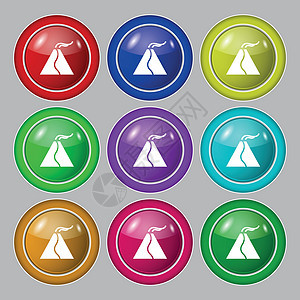 活性喷发火山图标符号 9圆彩色按钮上的符号 矢量图片