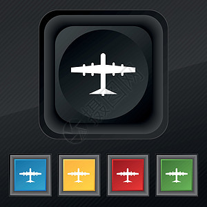 平面图标符号 在黑色纹理上为设计设置五个彩色 时髦的按钮 矢量飞机场空气货物飞行员航班航空航空公司飞机办公室速度图片