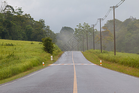 雨后潮湿的道路山脉日落季节公园驾驶旅行戏剧性街道树木农村图片