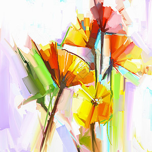 春天的花朵抽象油画 黄色 a 黄色和红色大丁草花静物画图片