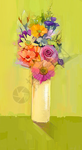 油画一束玫瑰花 椰子花和热贝拉花的花束艺术绘画墙纸卡片玫瑰插图生活刷子帆布叶子图片