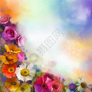 水彩画 雏菊-非洲菊和玫瑰花的白色黄色粉色和红色图片