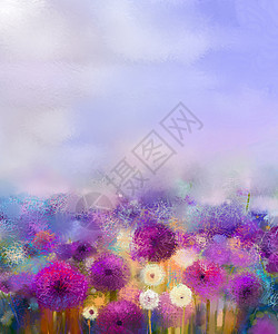 油画紫洋葱与草地上的白色蒲公英花图片