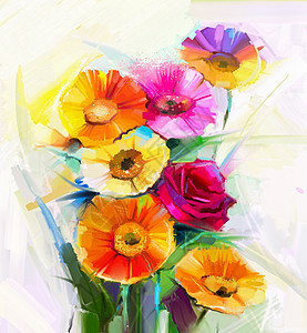 油画一束玫瑰花 菊花和雪贝拉花的花束图片