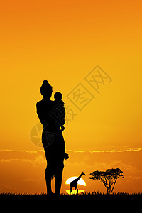 婴儿户外日落时的非洲妇女插图哺乳动物旅行婴儿爆炸丛林动物女性孩子母亲背景