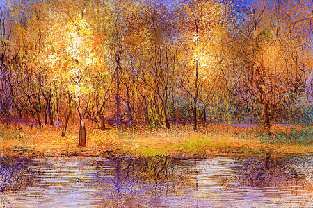 油画色彩多彩的落叶叶景观图片
