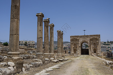Colonnaded街和北门的背景列 Ancie旅游考古学柱子城市历史石头时间寺庙旅行柱廊图片