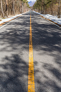 冬季小雪路寒假车道天气场景雪景树木天空运输国家森林图片