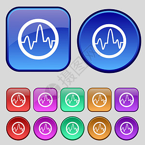 脉冲图标标志 一套十二个复古按钮为您的设计 韦克托蓝色监视器药品韵律情况心电图疾病屏幕保健插画家图片