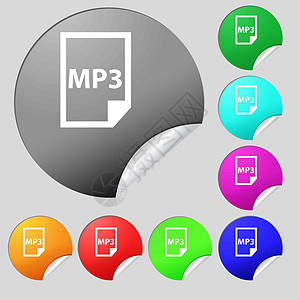 mp3 图标标志 一套八个多色圆形按钮贴纸 韦克托图片