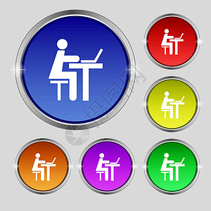 研究计算机图标标志的商务人士 明亮的彩色按钮上的圆形符号 韦克托图片