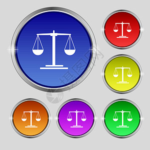 图标符号 光亮彩色按钮上的圆形符号 矢量白色律师刑事数字黑色法律平衡惩罚法警雕像图片