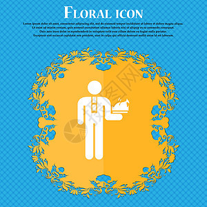 服务员图标图标 蓝色抽象背景上的花卉平面设计 并为您的文本放置了位置 韦克托图片