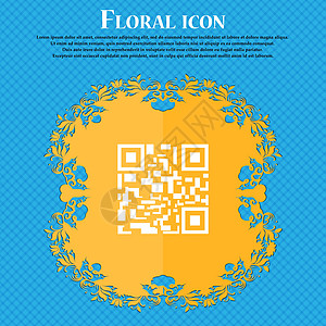 条形码图标图标 蓝色抽象背景上的花卉平面设计 并为您的文本放置了位置 韦克托货运条码代码编码物品艺术扫描技术营销插图图片