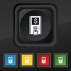 atm 图标符号 在用于设计设计的黑色纹理上设置5个彩色 时髦的按钮 矢量图片