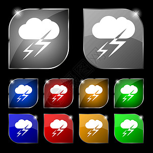 天气图标标志 套与强光的十个五颜六色的按钮 韦克托图片