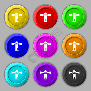灯塔图标标志 九个圆形彩色按钮上的符号 韦克托信号光束射线旅行警告罗盘安全探照灯插图导航图片