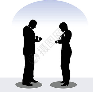 站在 pos 中的商务男人和女人剪影国会意义冒充女士商业姿势会议插图隐喻图片