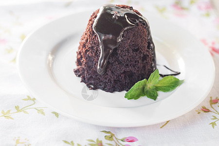 巧克力蛋糕 巧克力糖浆 白薄荷叶片甜点盘子餐巾纸食物小吃服务烘烤茶点摄影水果图片