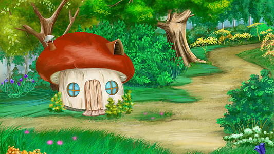夏月森林中的仙子宫蘑菇屋图片