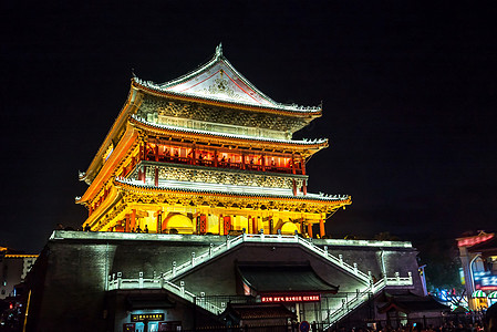 Xian 鼓塔建筑学咕噜宝塔照明寺庙文化日落城市地标天空图片