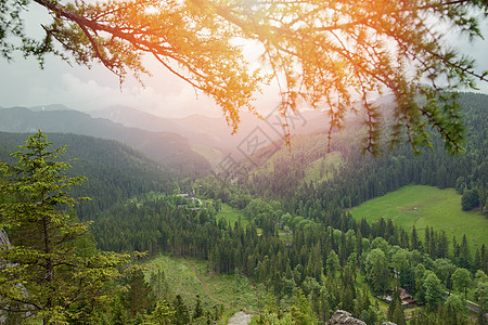 夏季山区地貌阳光环境山脉草地森林蓝色天空高地顶峰绿色图片