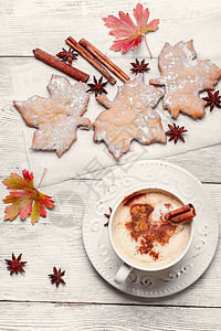 秋秋曲饼干和咖啡咖啡店甜点桌子棕色杯子面包饼干季节性香料糕点图片