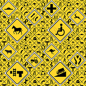 不同的黄色路标标志无缝模式图片