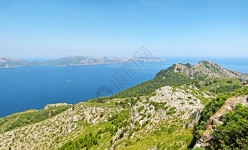 花粉湾 福门托半岛  马略卡岛北海岸树木半岛支撑岩石导师悬崖蓝色地平线自行车海洋图片